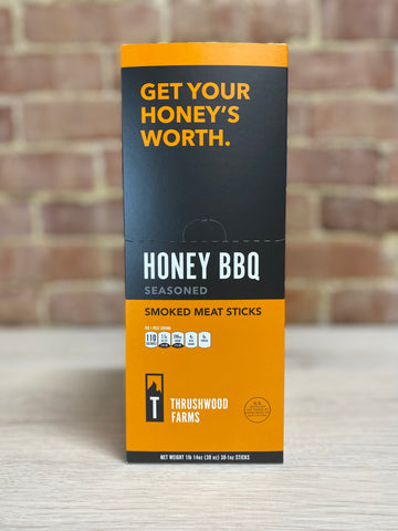 Image of a box of Thrushwood Farms Honey BBQ Meat Snack Sticks made with beef and pork
